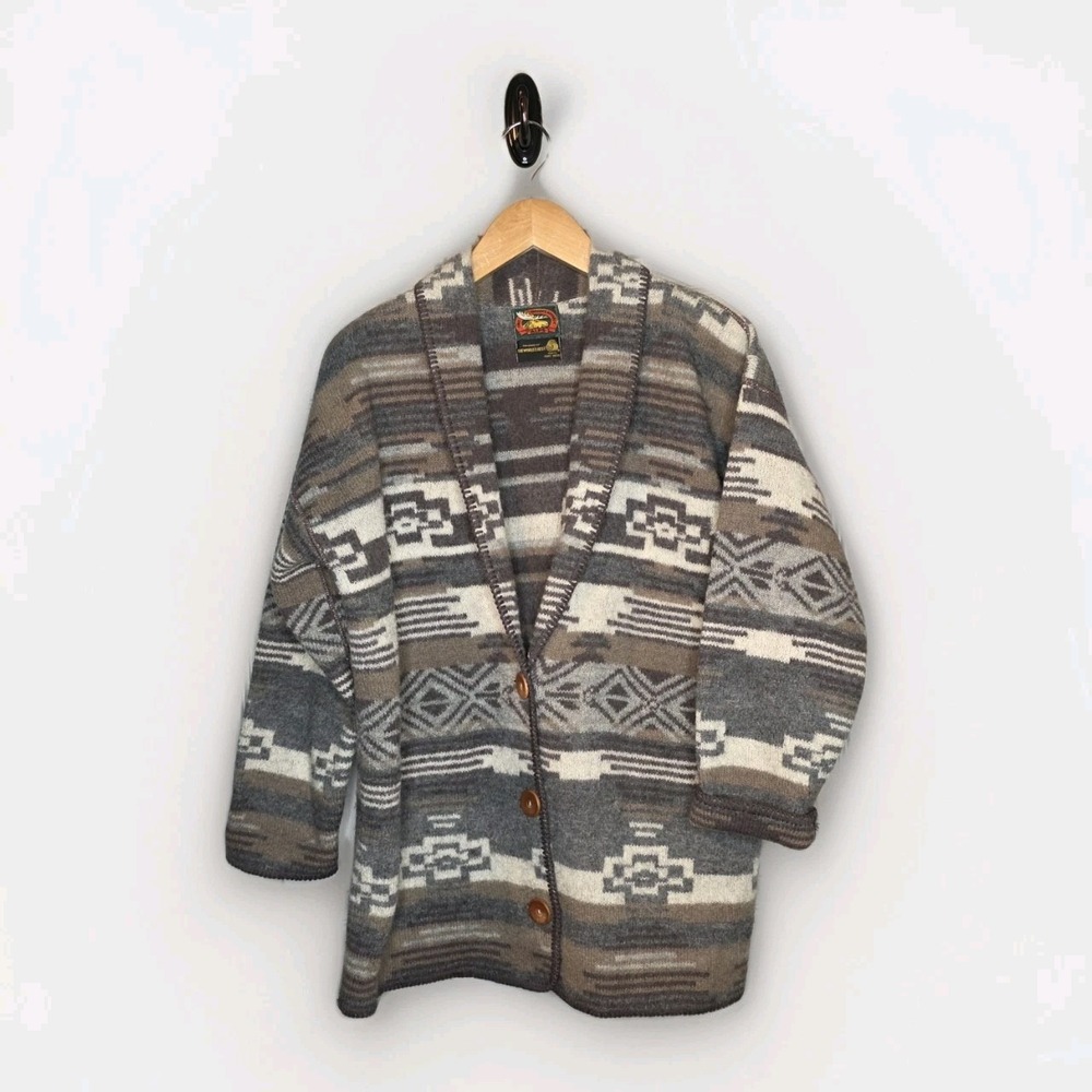Southwestern Aztec Wool Collar Cardigan Sweater in Gray and Cream
